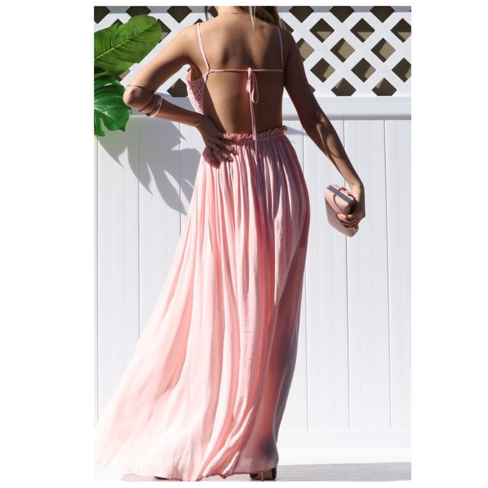 Pink Crochet Top Open Back Boho Maxi Dress - Picture 6 of 8